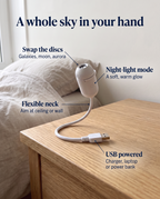 Pocket Galaxy Projector features: adjustable neck, swappable sky discs, twist-to-focus lens