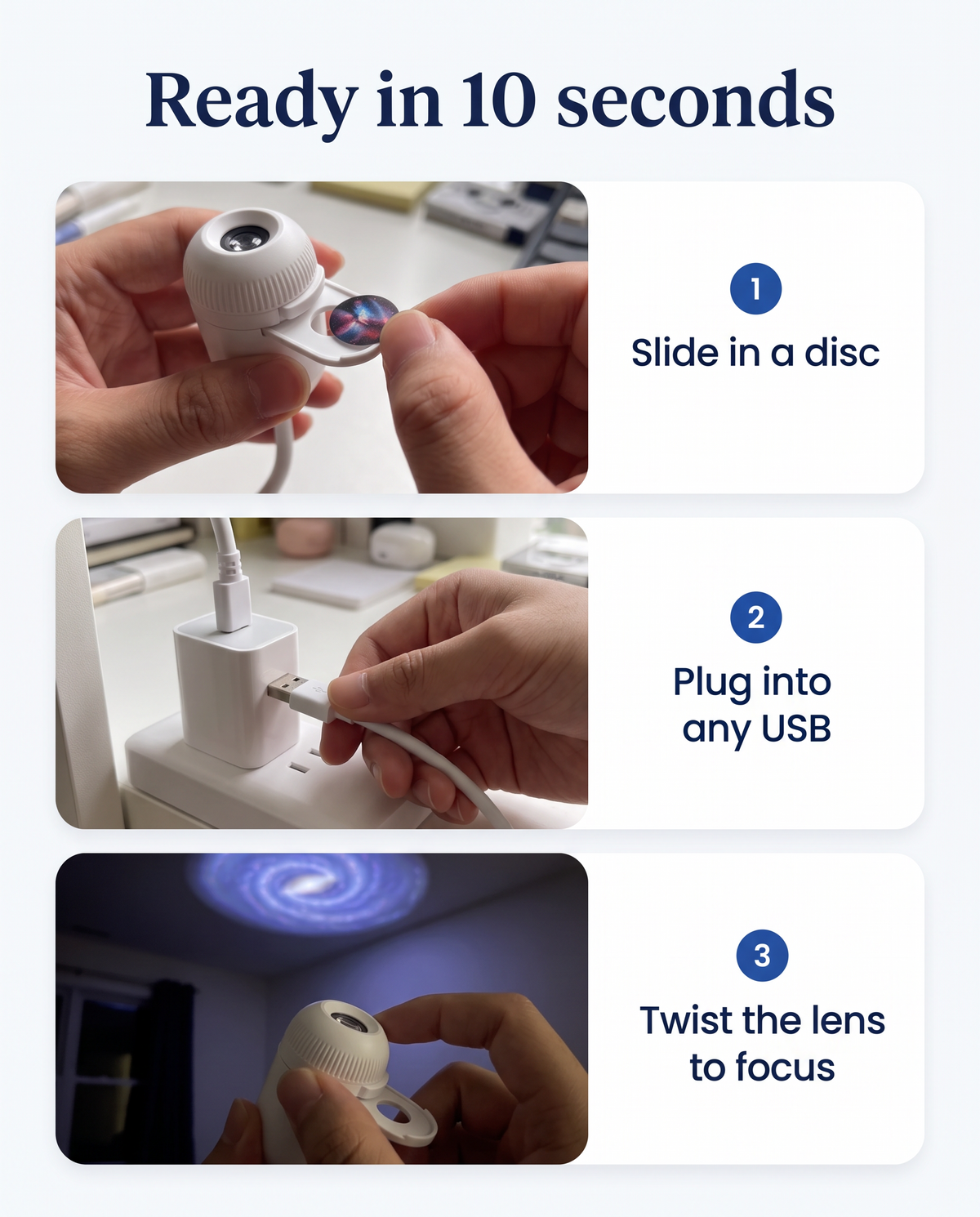 How it works: insert a sky disc, plug into USB, twist the lens to focus