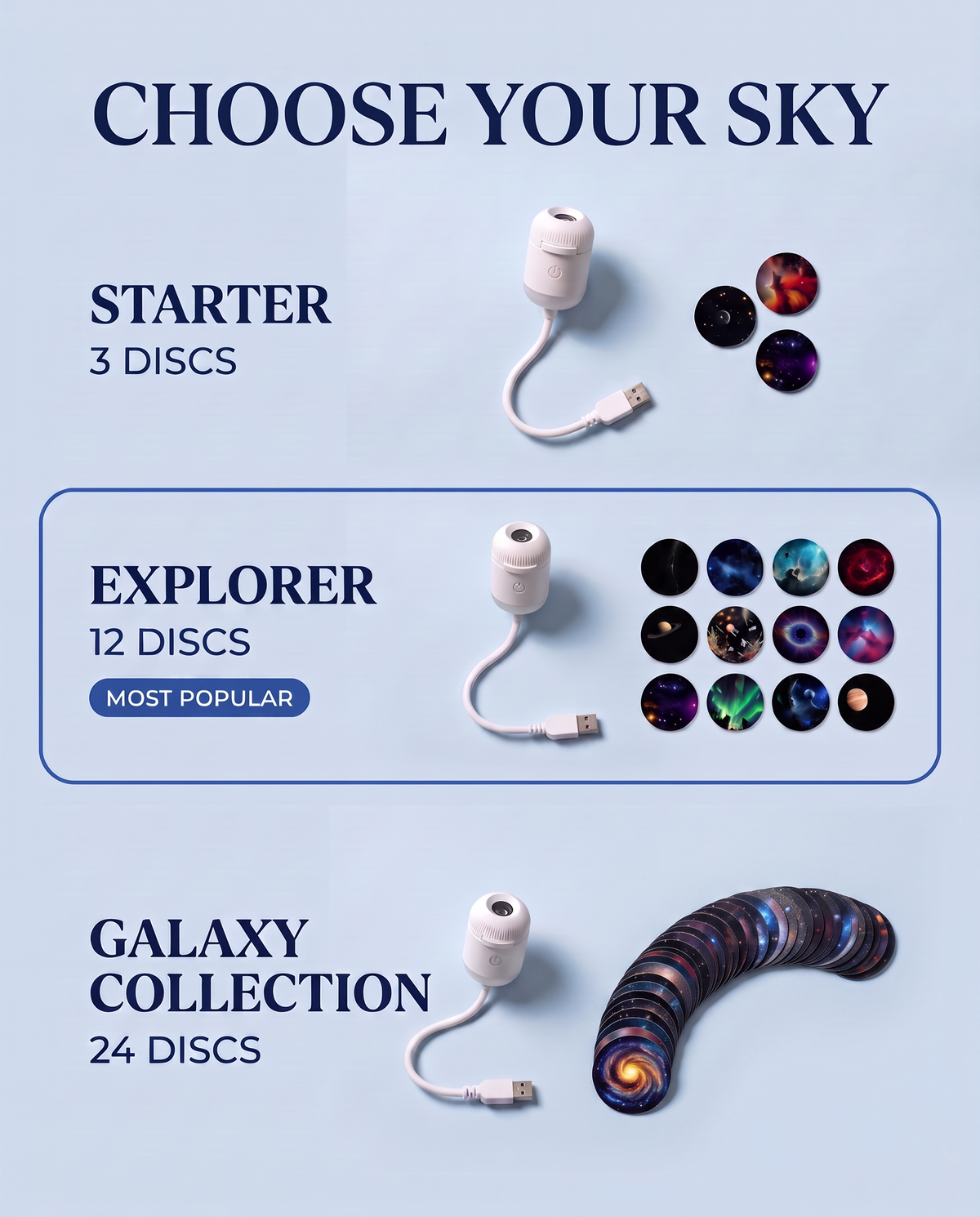 Choose your sky: Starter 3 discs, Explorer 12 discs or Galaxy Collection 24 discs