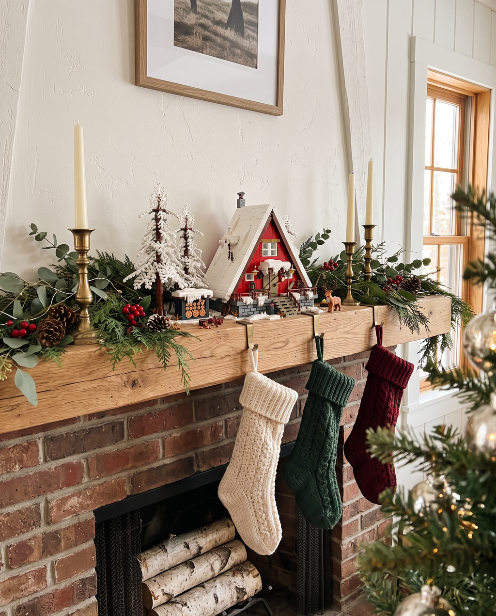 The Christmas cabin as a centerpiece on a decorated fireplace mantel