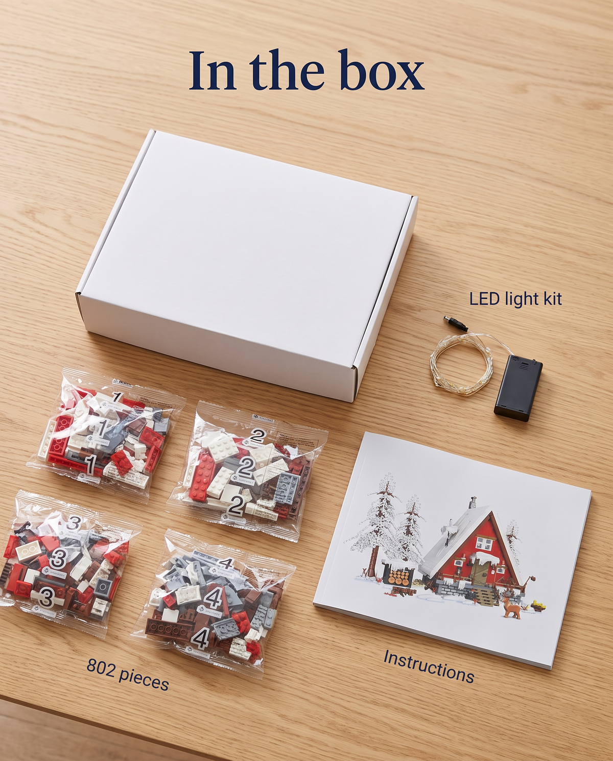 What's in the box: 802 pieces in numbered bags, LED light kit and instructions