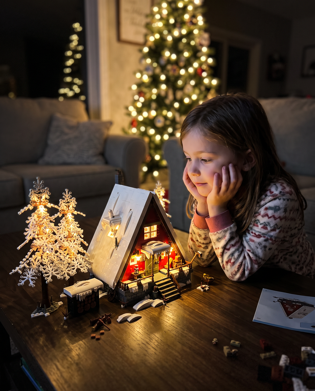 Little girl gazing at the glowing Christmas cabin at night