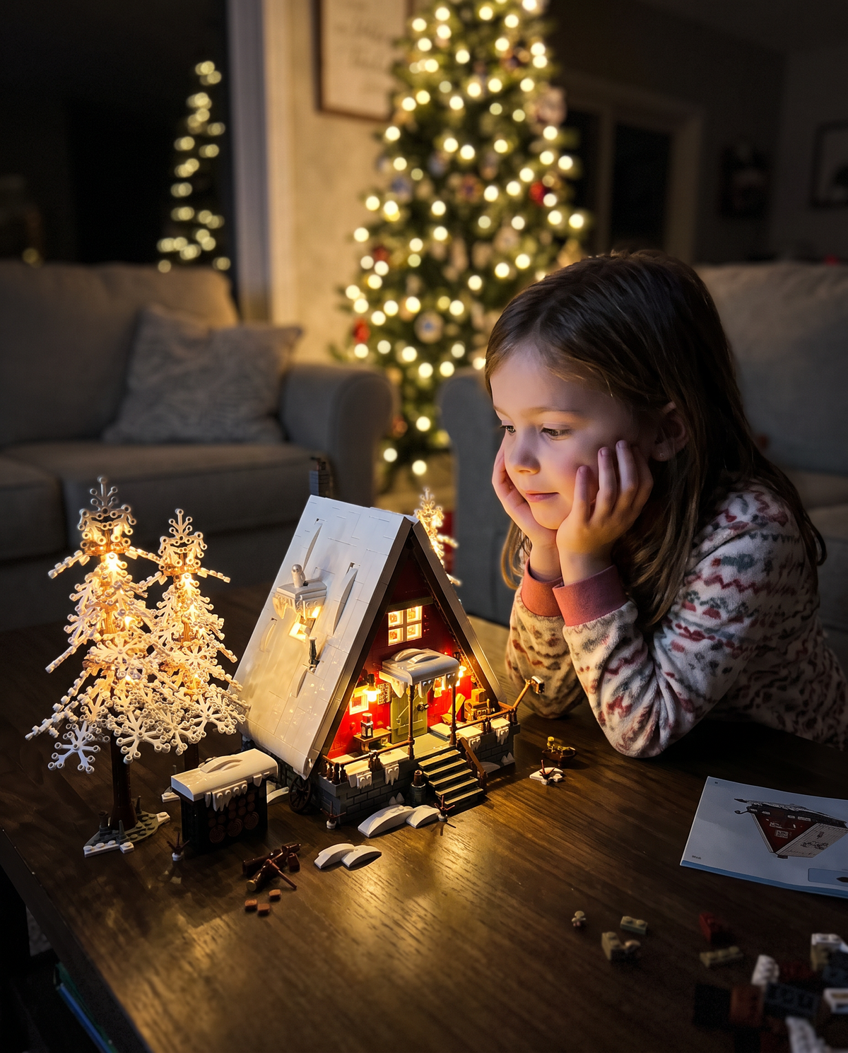 Little girl gazing at the glowing Christmas cabin at night