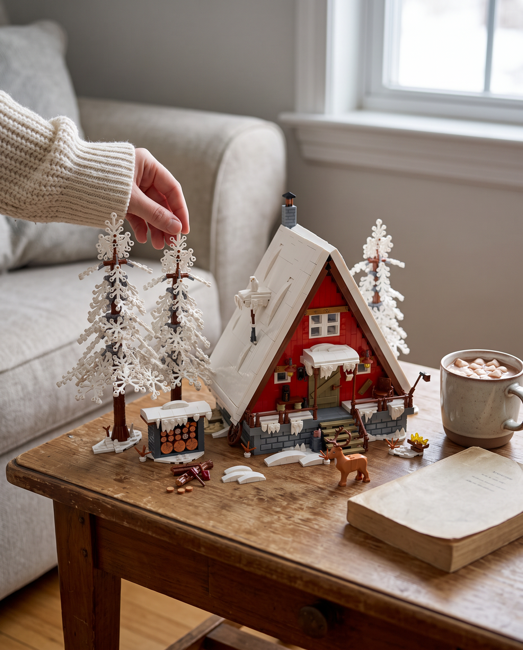 The built cabin on a coffee table next to a mug of hot cocoa to show its size