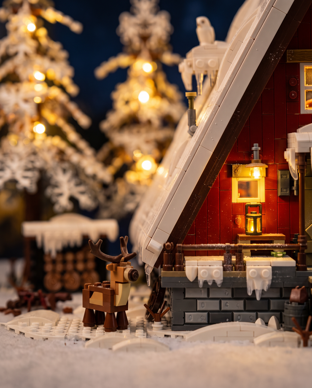 Close-up of the snowy roof, glowing window and reindeer