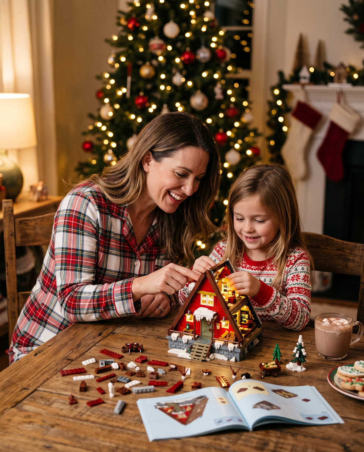 Mother and daughter building the cabin together on Christmas Eve