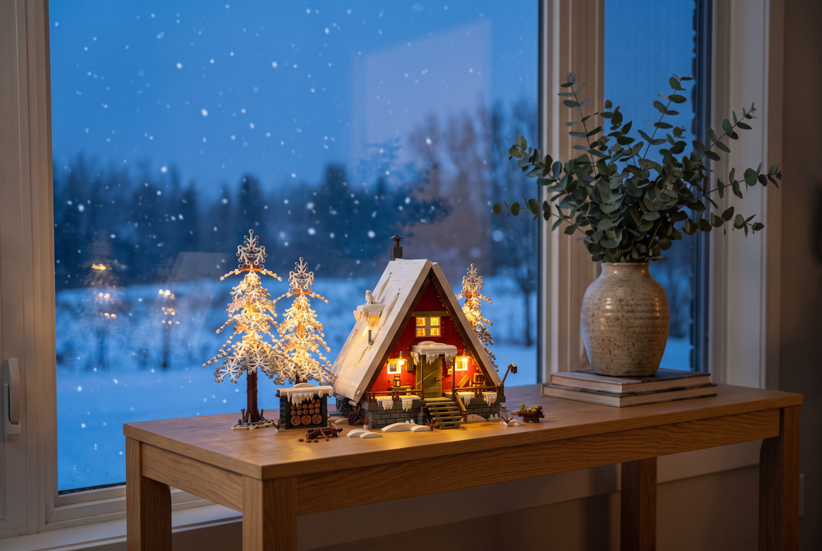 The Christmas cabin glowing on a console table by a snowy window