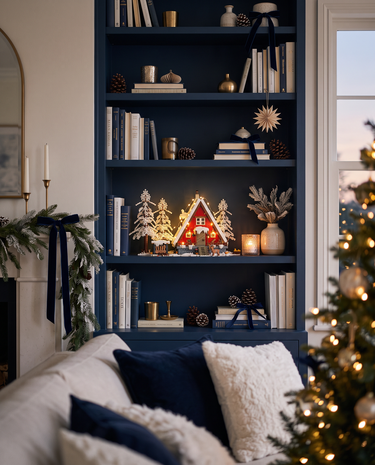 The glowing cabin as the centerpiece of a styled bookshelf