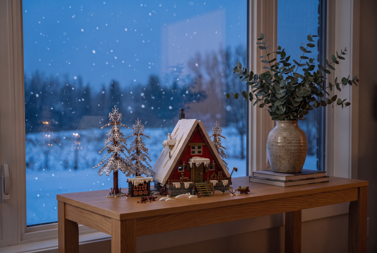 The same cabin by the window with its lights switched off