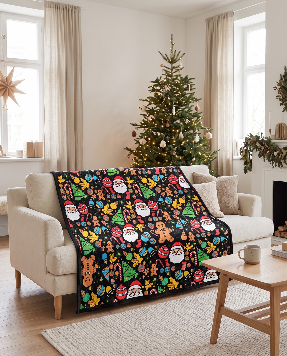 The Christmas coloring blanket fully colored on a sofa