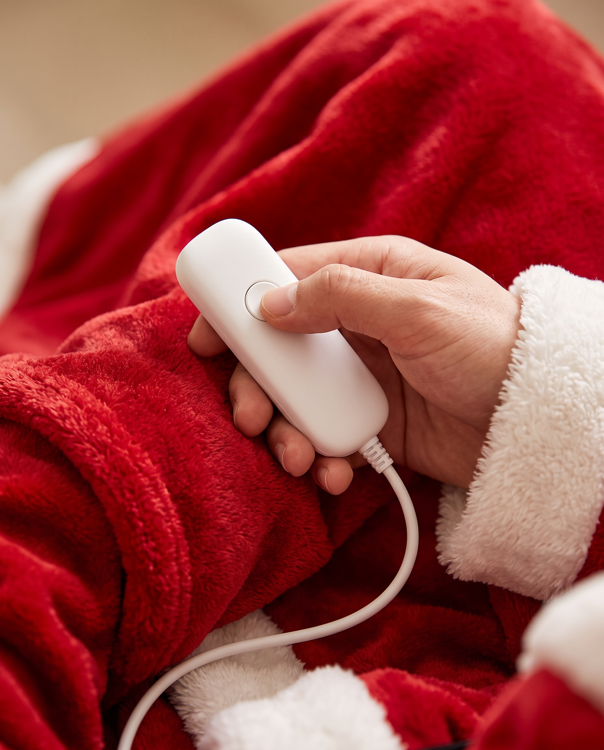 Pressing the button on the heated robe's handheld controller
