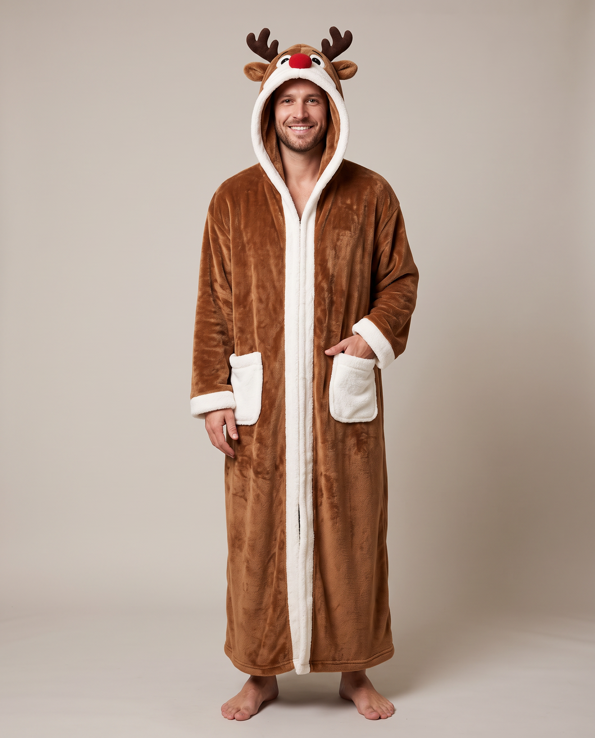 The Reindeer design: long brown plush hooded robe with antlers