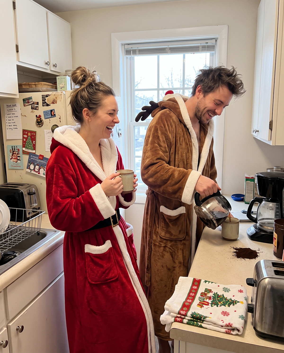Couple making coffee in the Santa and Reindeer robes