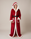 The Santa design: long red plush hooded robe with white trim