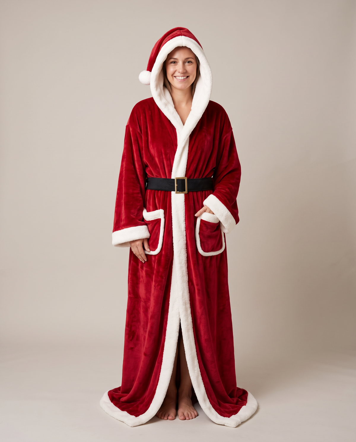 The Santa design: long red plush hooded robe with white trim