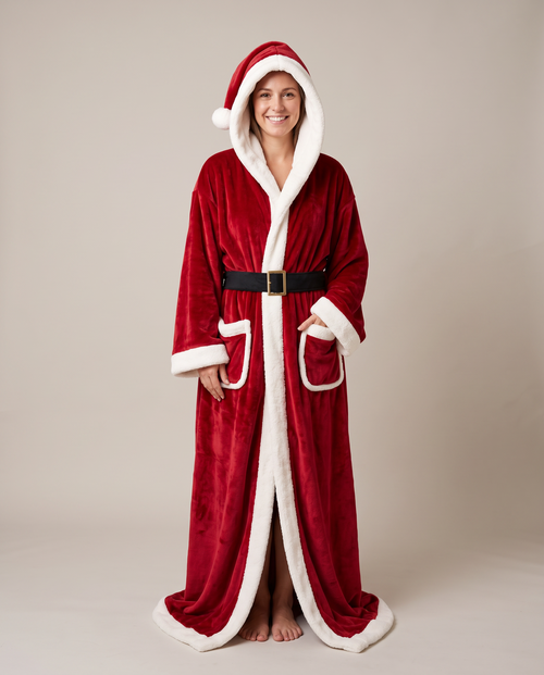 The Santa design: long red plush hooded robe with white trim