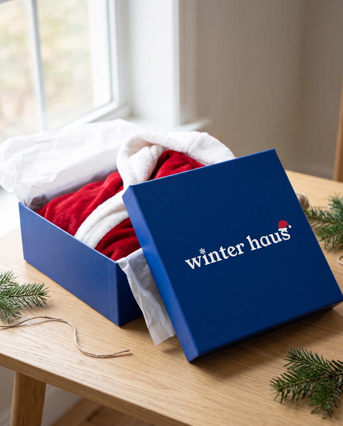 The Santa robe in the cobalt-blue Winter Haus gift box