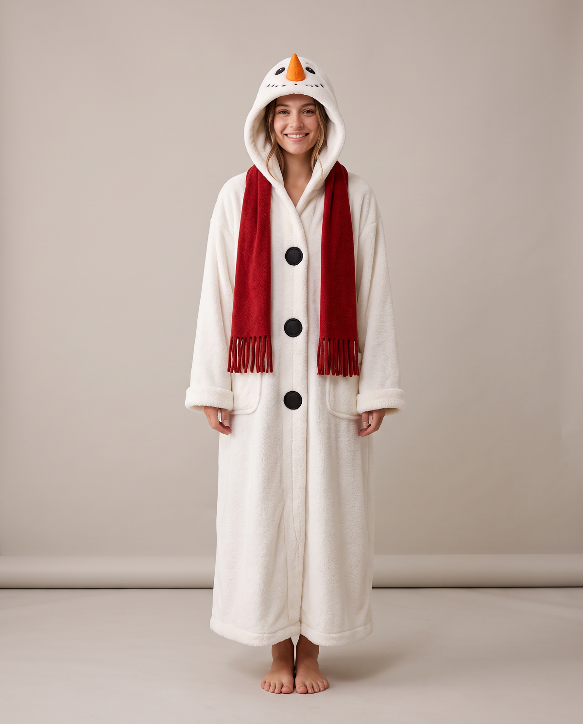 The Snowman design: long white plush hooded robe with red scarf