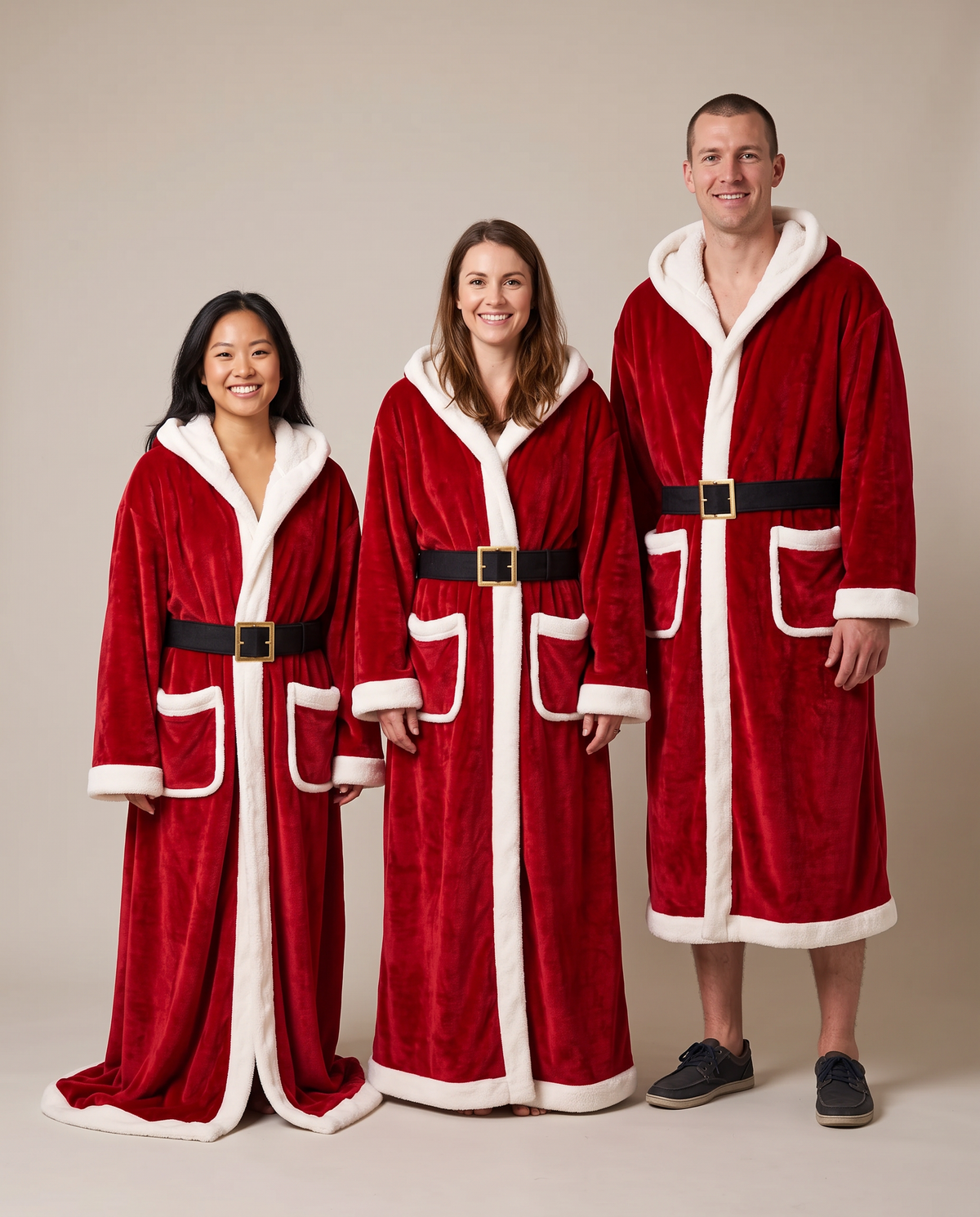 One size fits most: three adults of different heights in the same robe