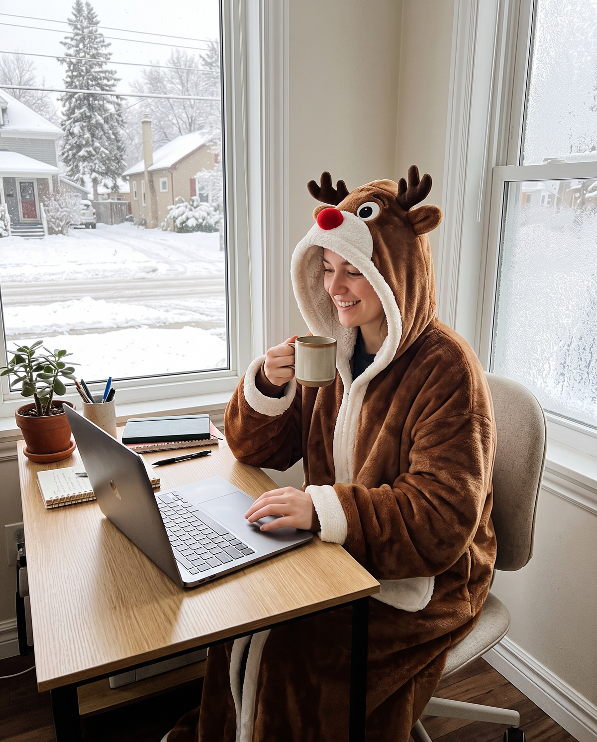 Working from home in the Reindeer robe