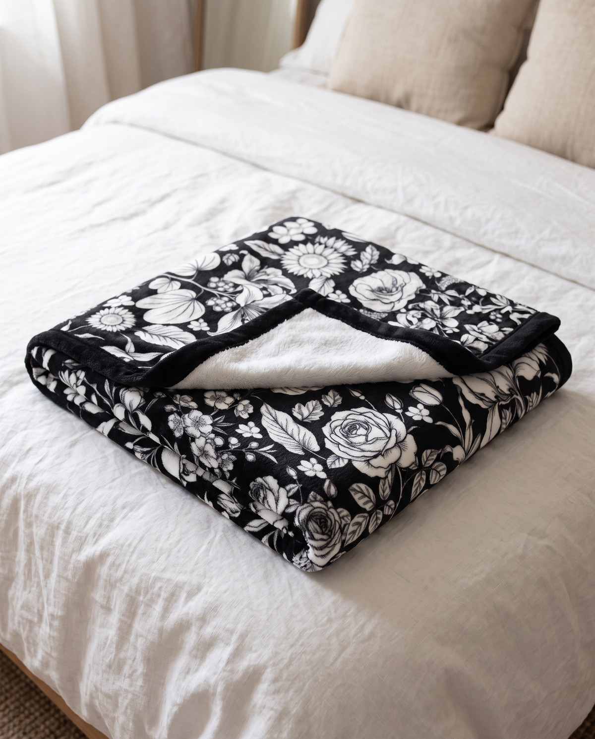 Wildflowers design coloring blanket folded on a bed