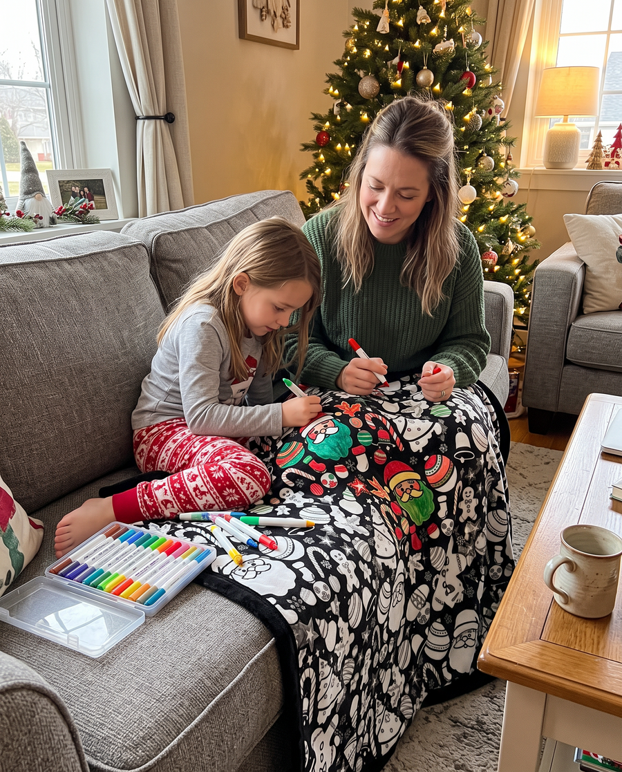 Mom and daughter coloring the Christmas coloring blanket together on the sofa