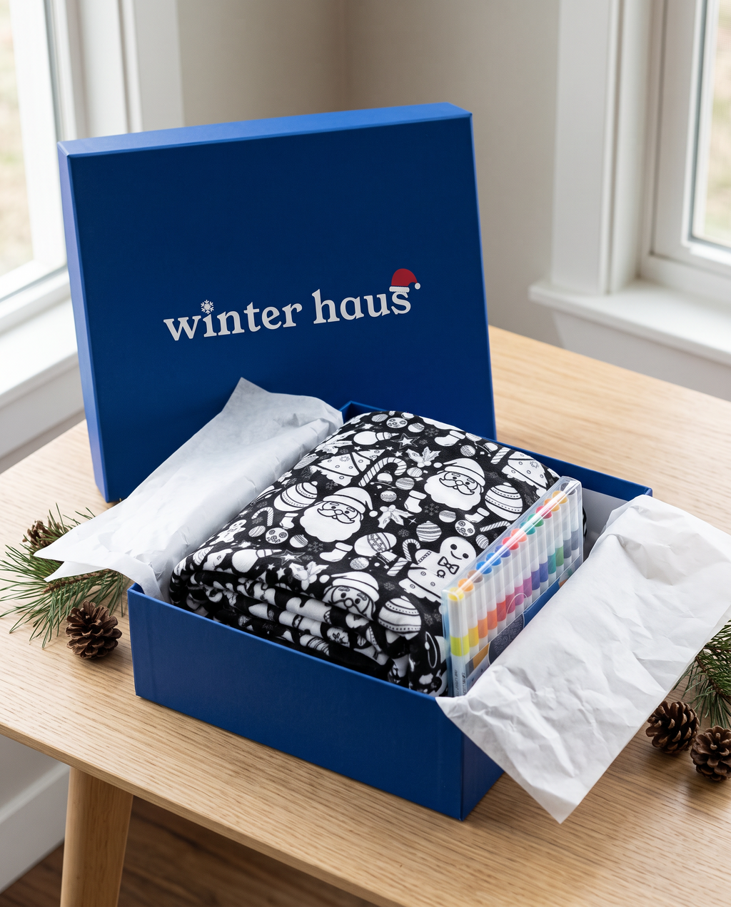 The coloring blanket and markers in the cobalt-blue Winter Haus gift box