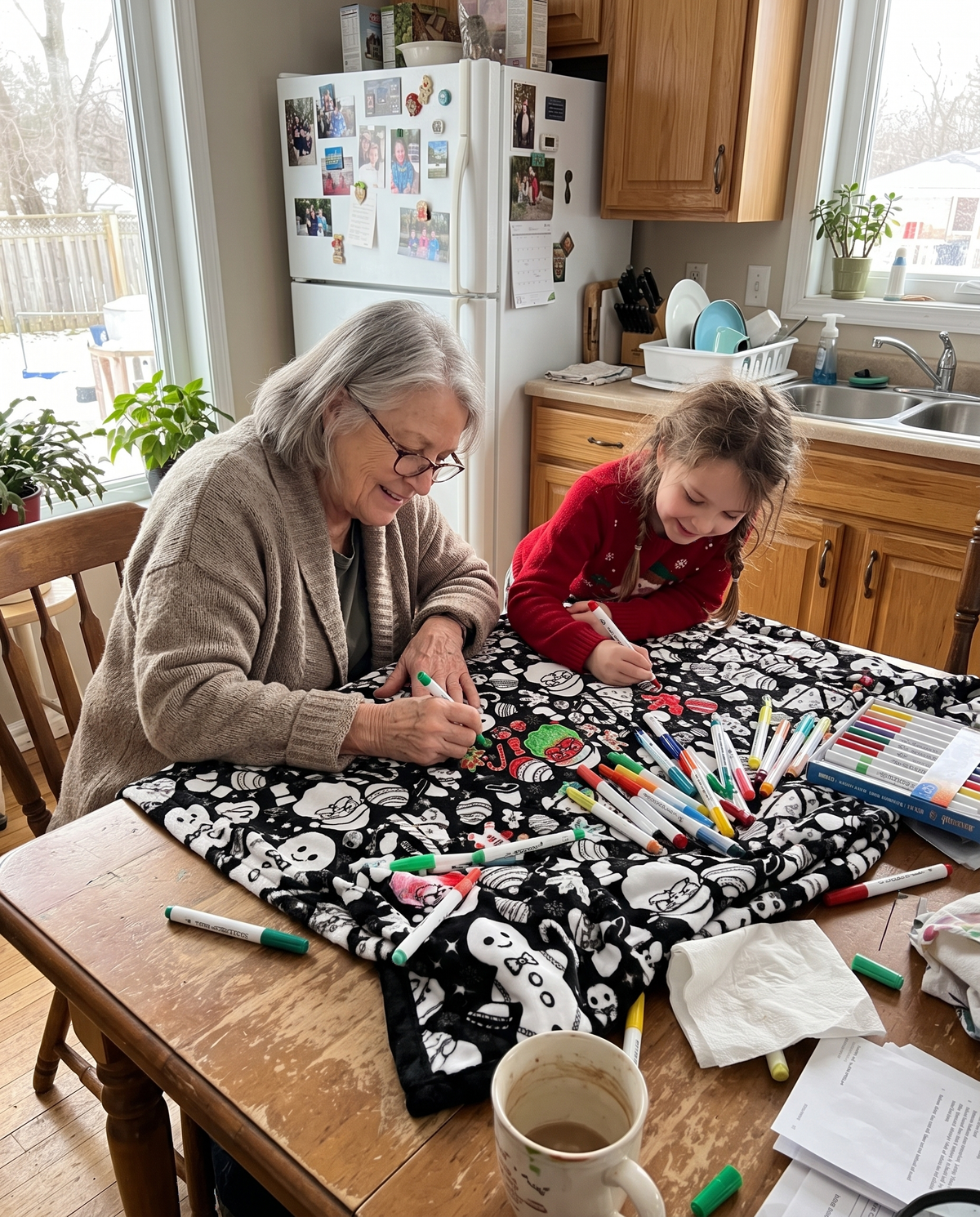 Grandmother and granddaughter coloring the blanket at the kitchen table