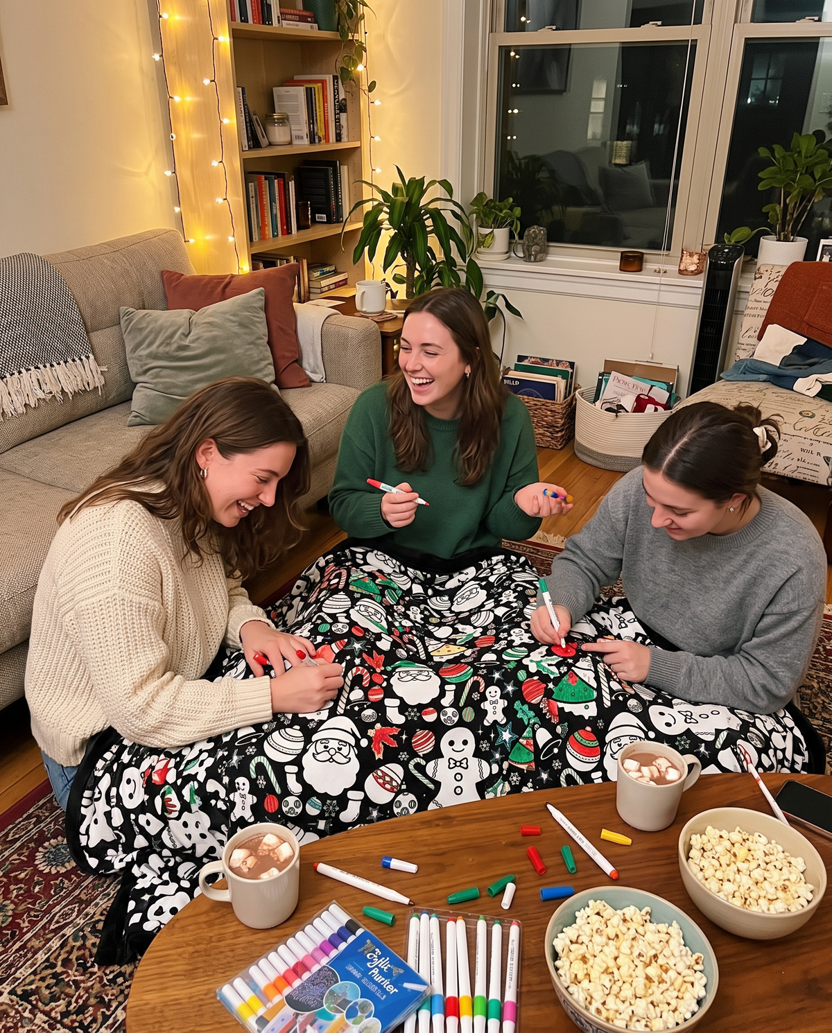 Three friends coloring the blanket together on a girls' night in