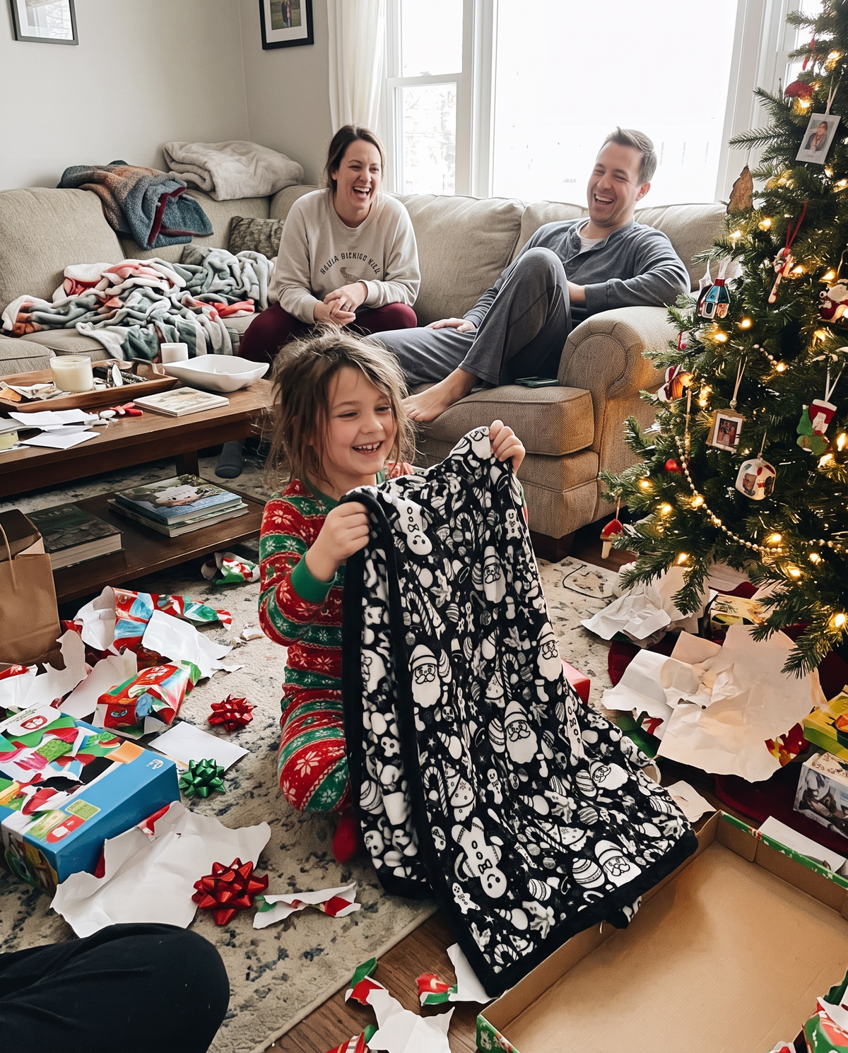 Girl unwrapping the coloring blanket on Christmas morning