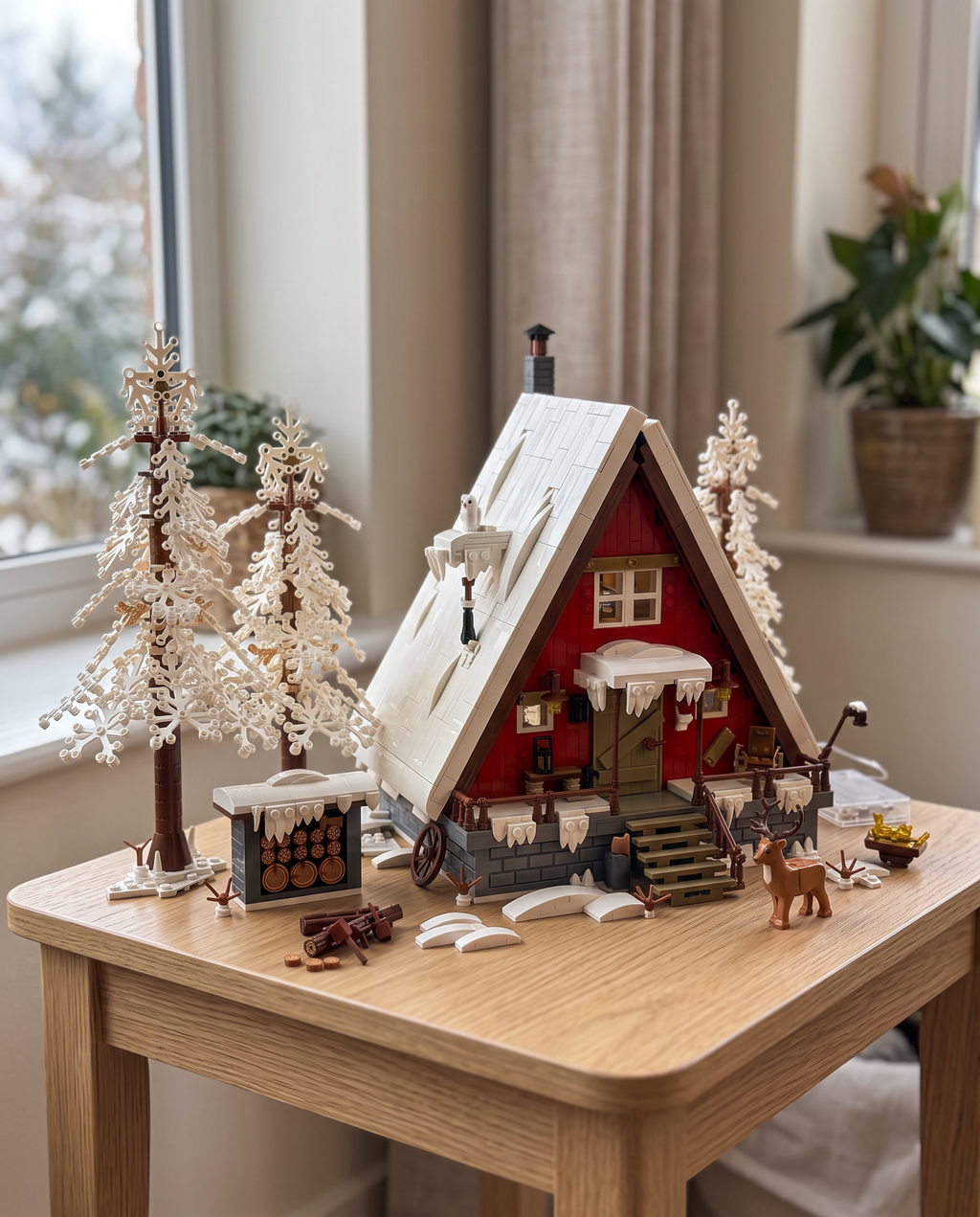 The red A-frame Christmas cabin building set on a side table by the window