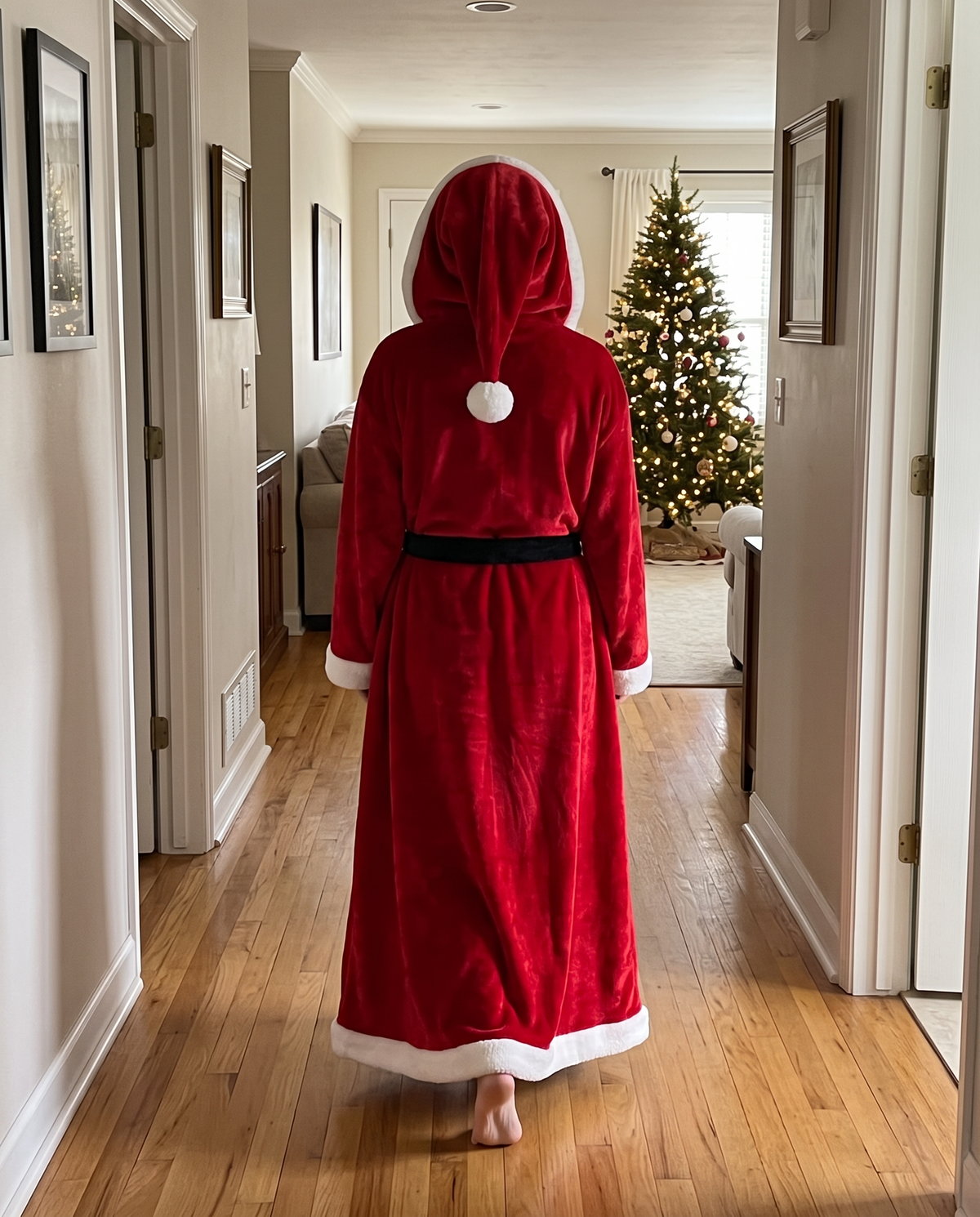 Back view of the floor-length Santa robe in a hallway