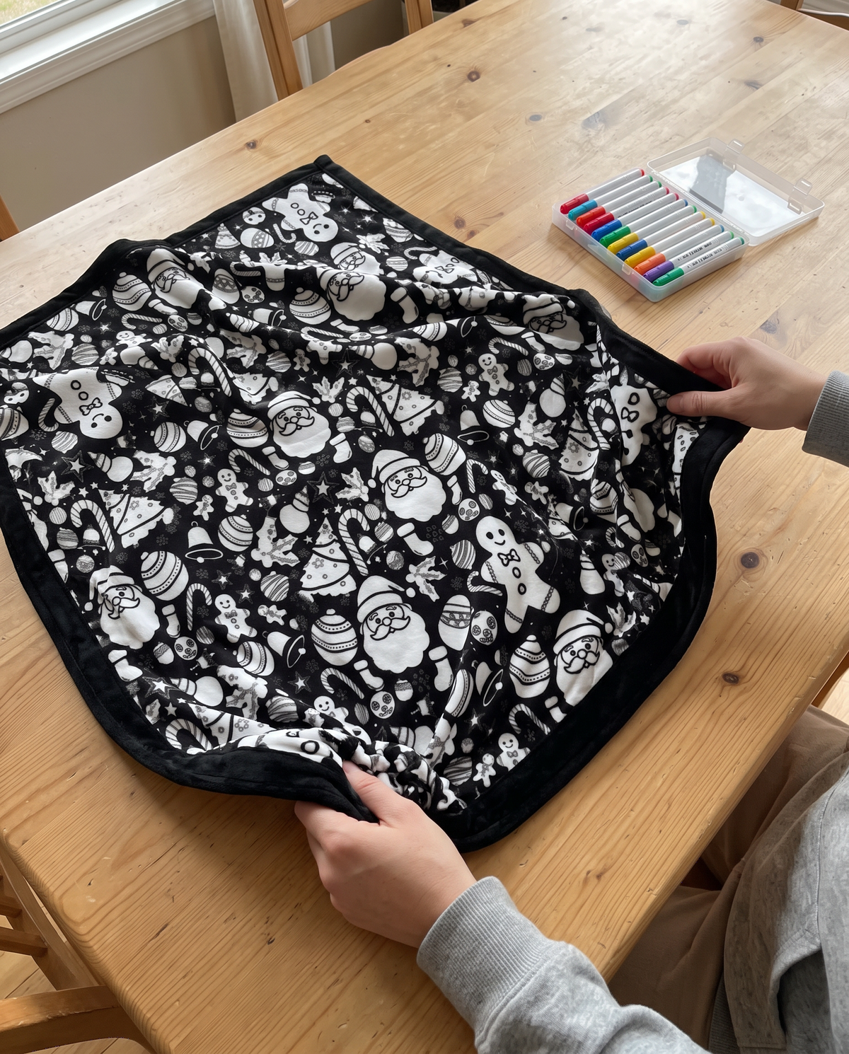 Unfolding the coloring blanket on a table