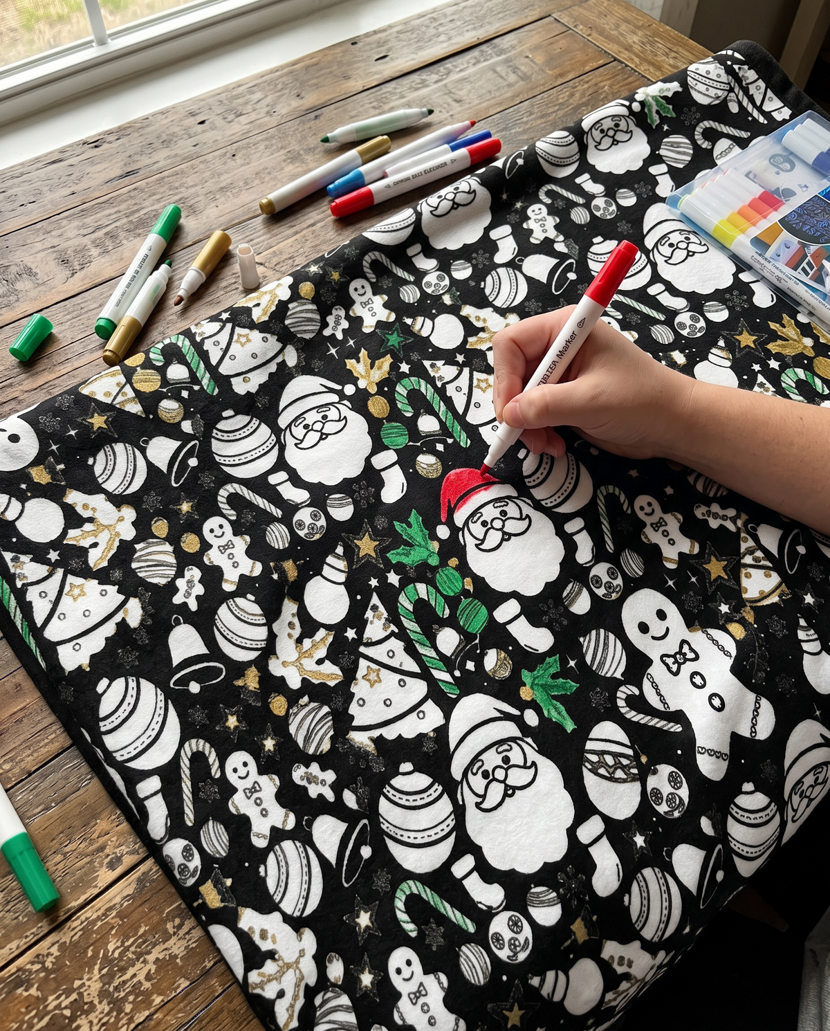 Coloring Santa shapes on the blanket with fabric markers