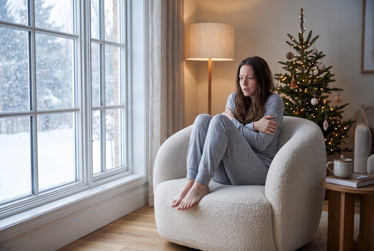 The same woman cold in thin pajamas without the robe